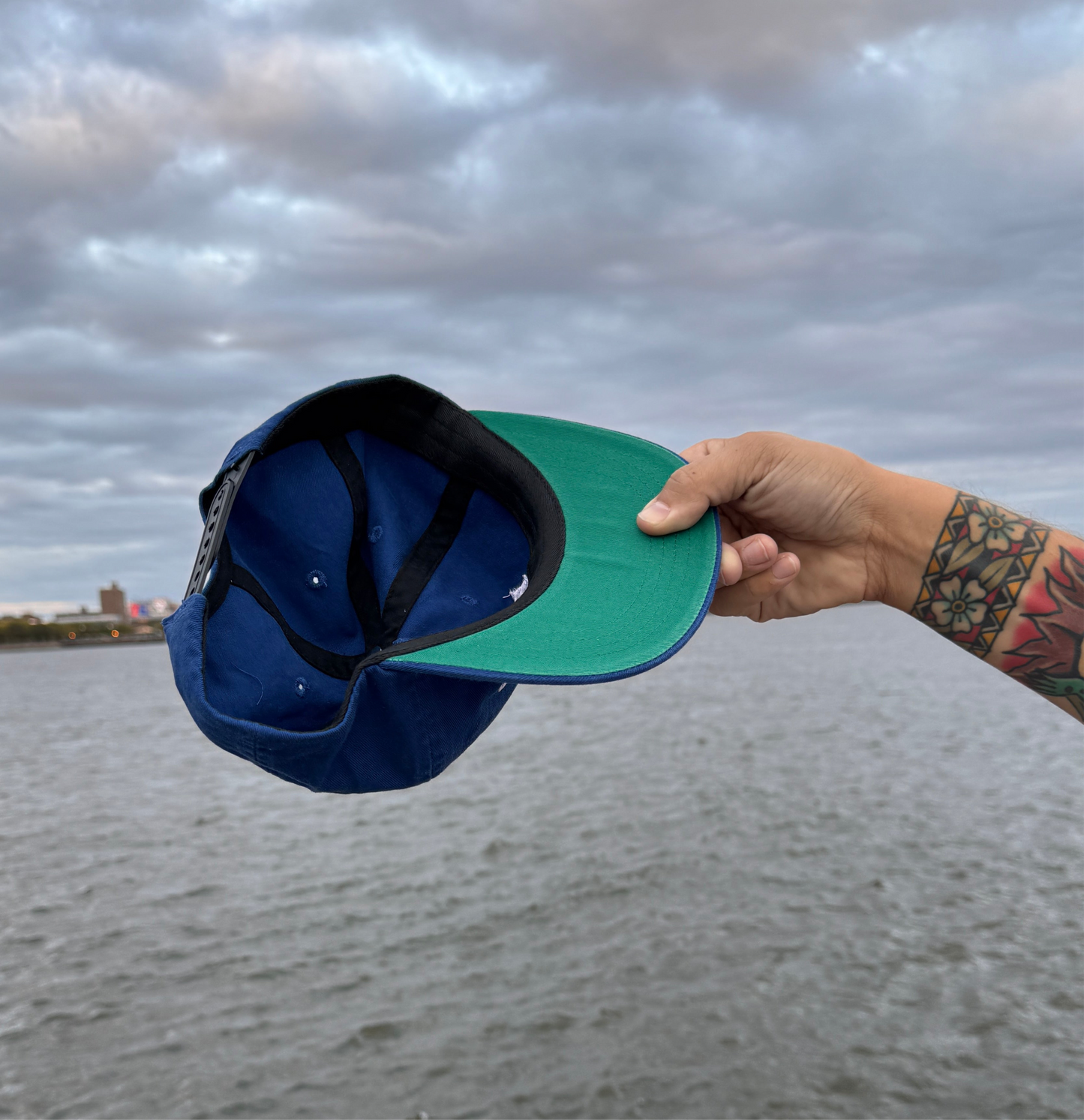 Blue hat over body of water with green underbill