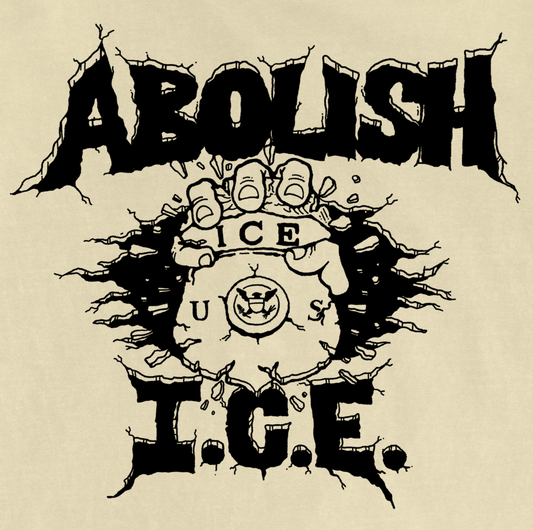 Beige t-shirt with black graphic design and text on a white background