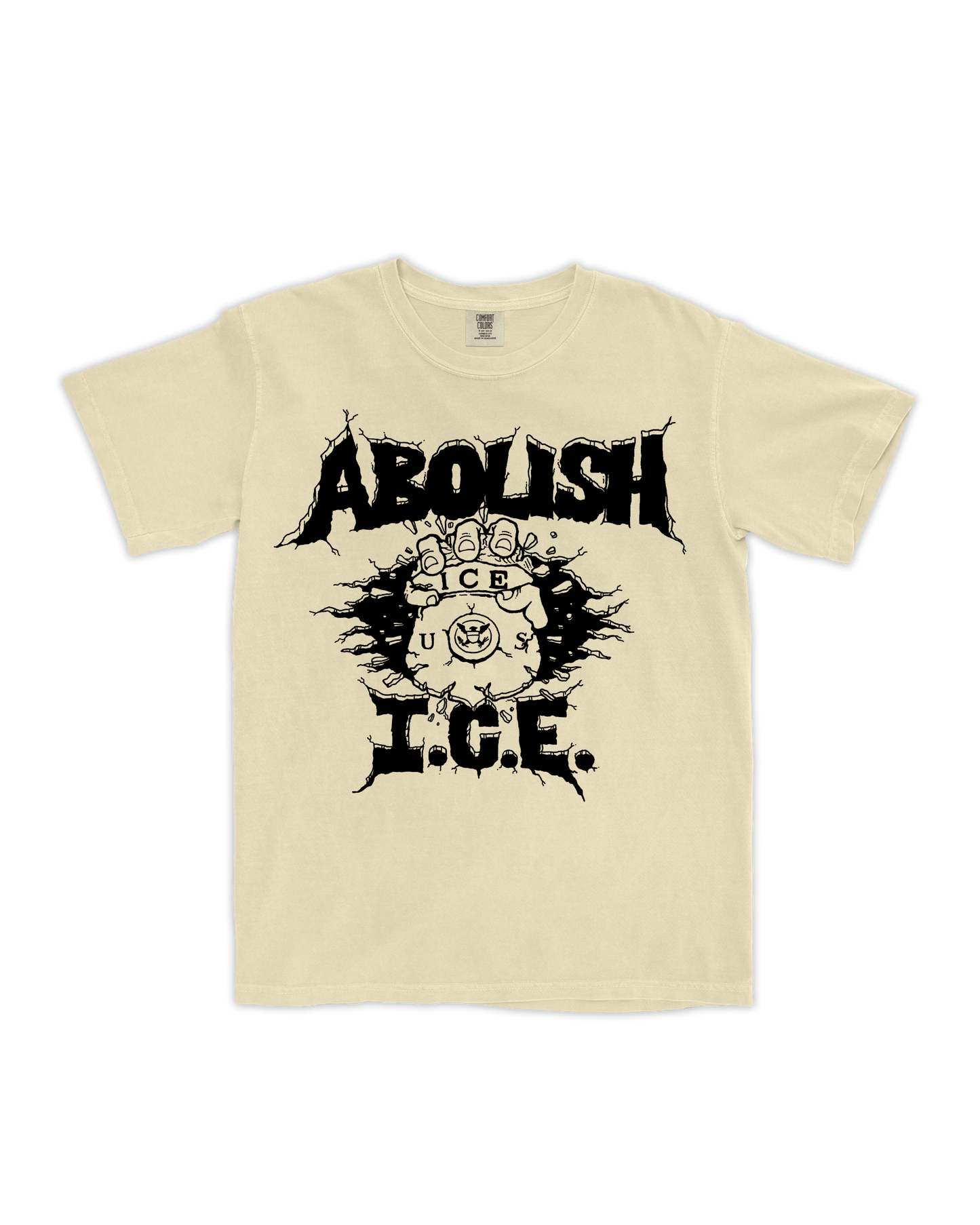 Beige t-shirt with black graphic design and text on a white background