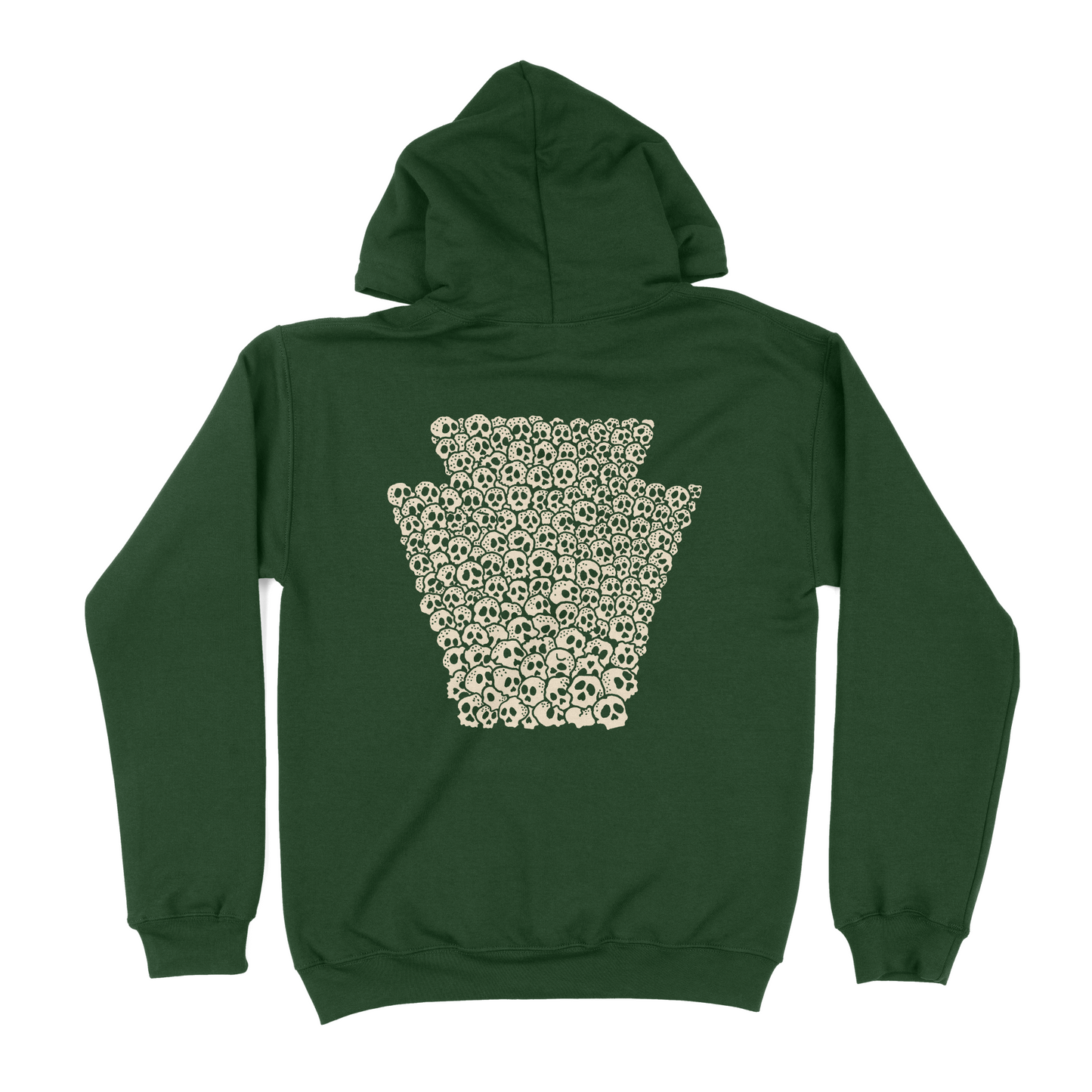 Green hoodie with a keystone pattern on the back against a white background