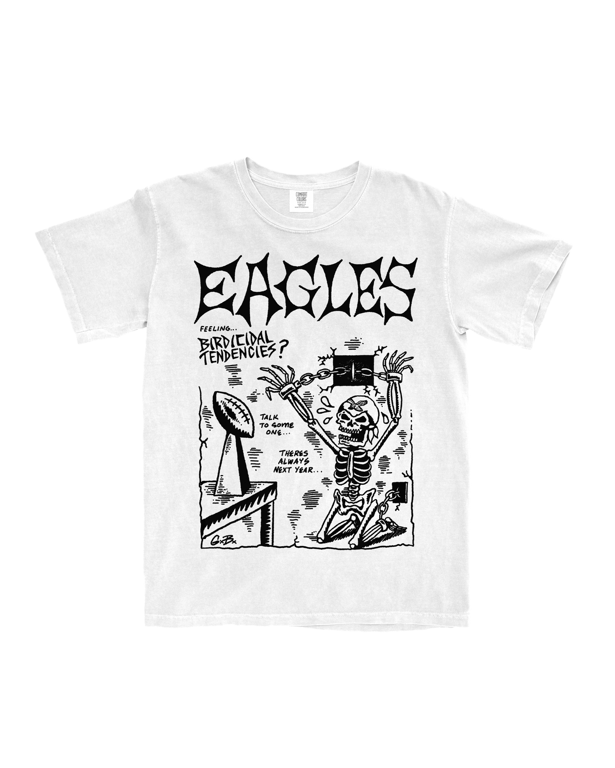 White t-shirt with black graphic design featuring a skeleton and text on a white background