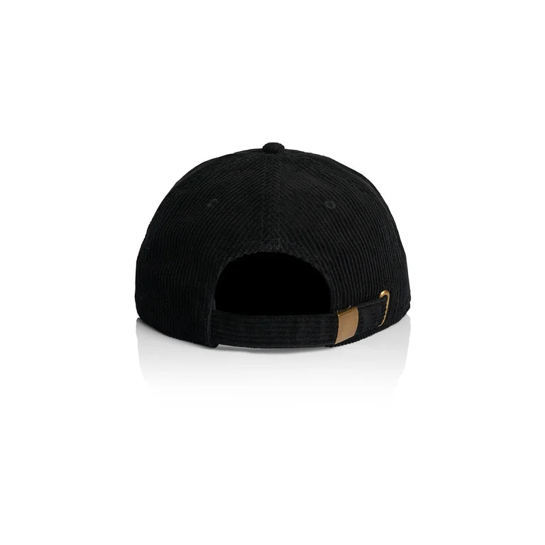 Black cap with a gold emblem on a white background