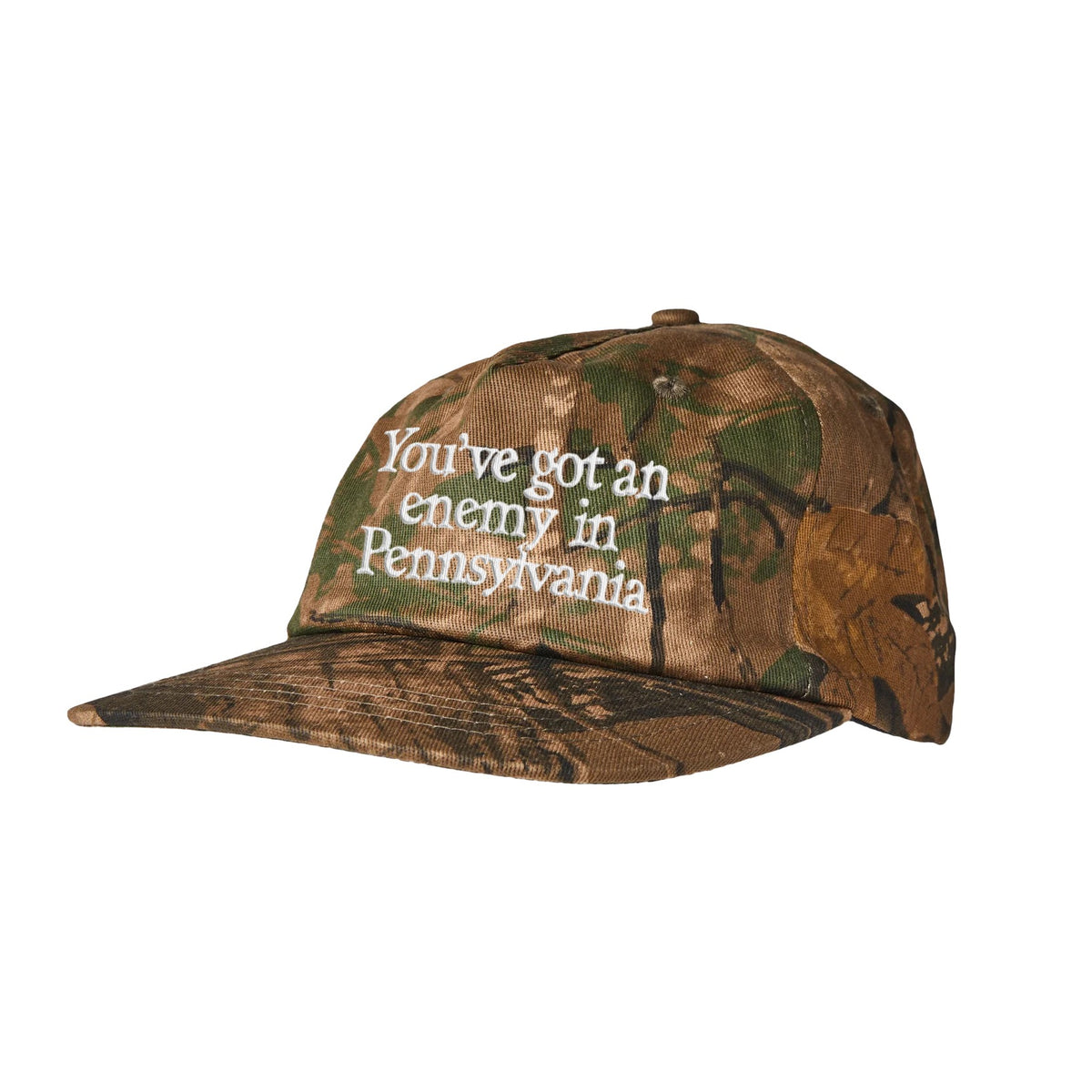 Camouflage cap with text 'You've got an enemy in Pennsylvania' on a white background