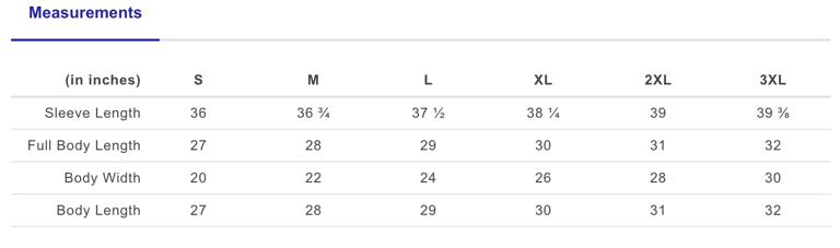 Measurement chart for clothing sizes S to 3XL with sleeve, full body, body width, and body length dimensions.