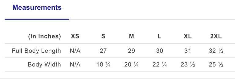 Measurement chart for clothing sizes in inches