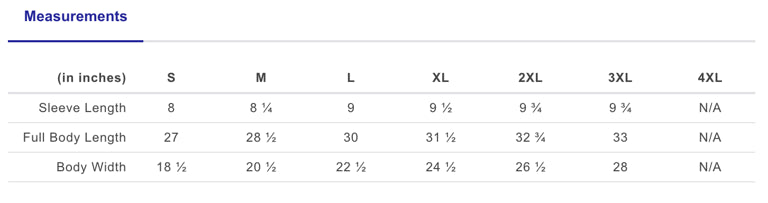 Measurement chart for clothing sizes S to 4XL with sleeve length, full body length, and body width details.