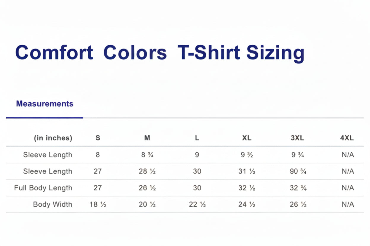 Measurement chart for clothing sizes S to 4XL with sleeve length, full body length, and body width details.