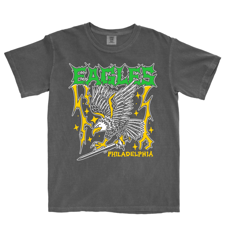 Gray t-shirt with an eagle graphic and text on a white background