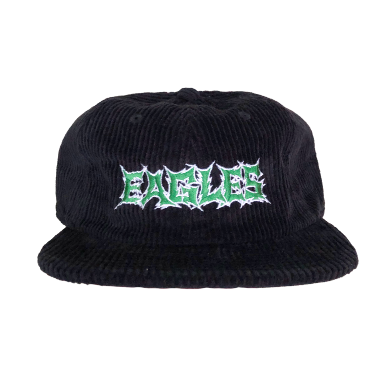 Black corduroy bucket hat with 'EAGLES' logo in green and white