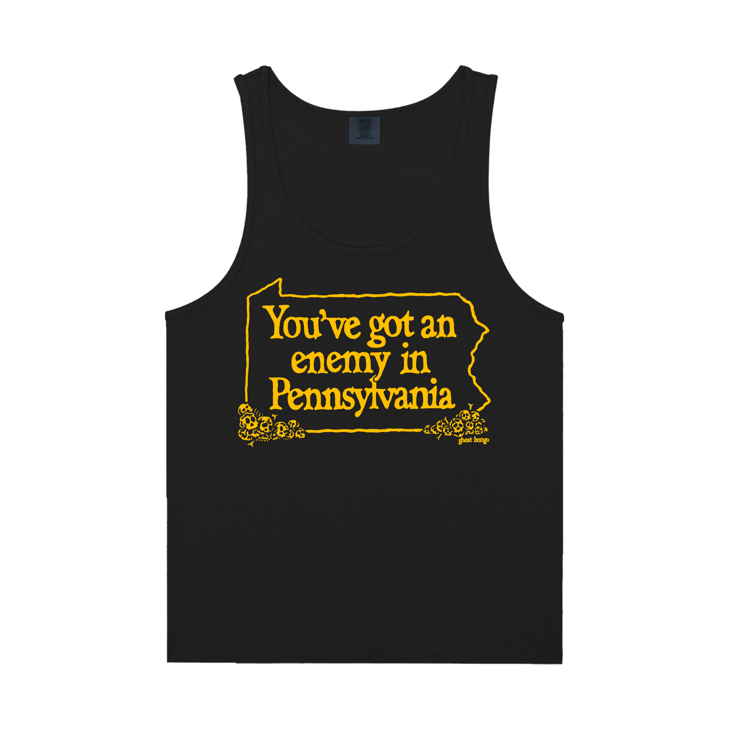 Black tank top with yellow text 'You've got an enemy in Pennsylvania' and state outline on a white background
