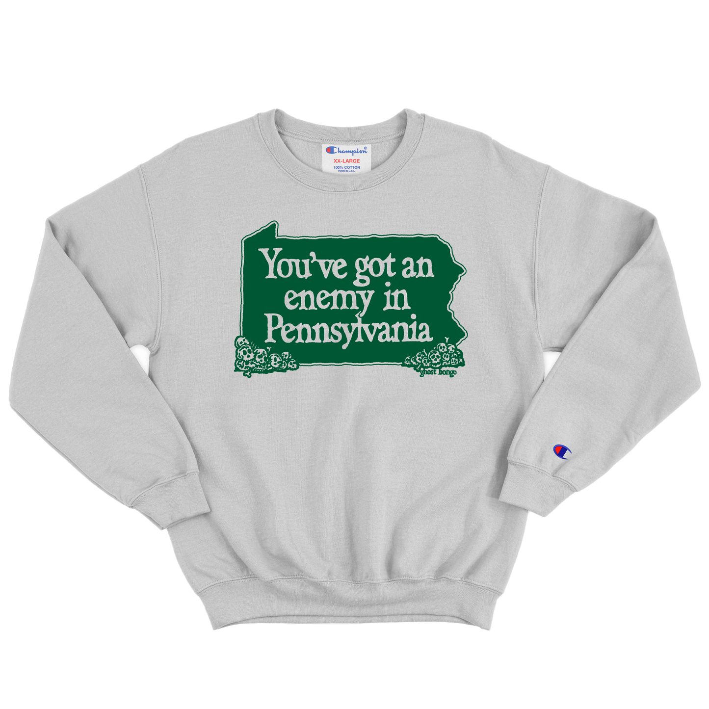 Gray sweatshirt with green graphic and text 'You've got an enemy in Pennsylvania'