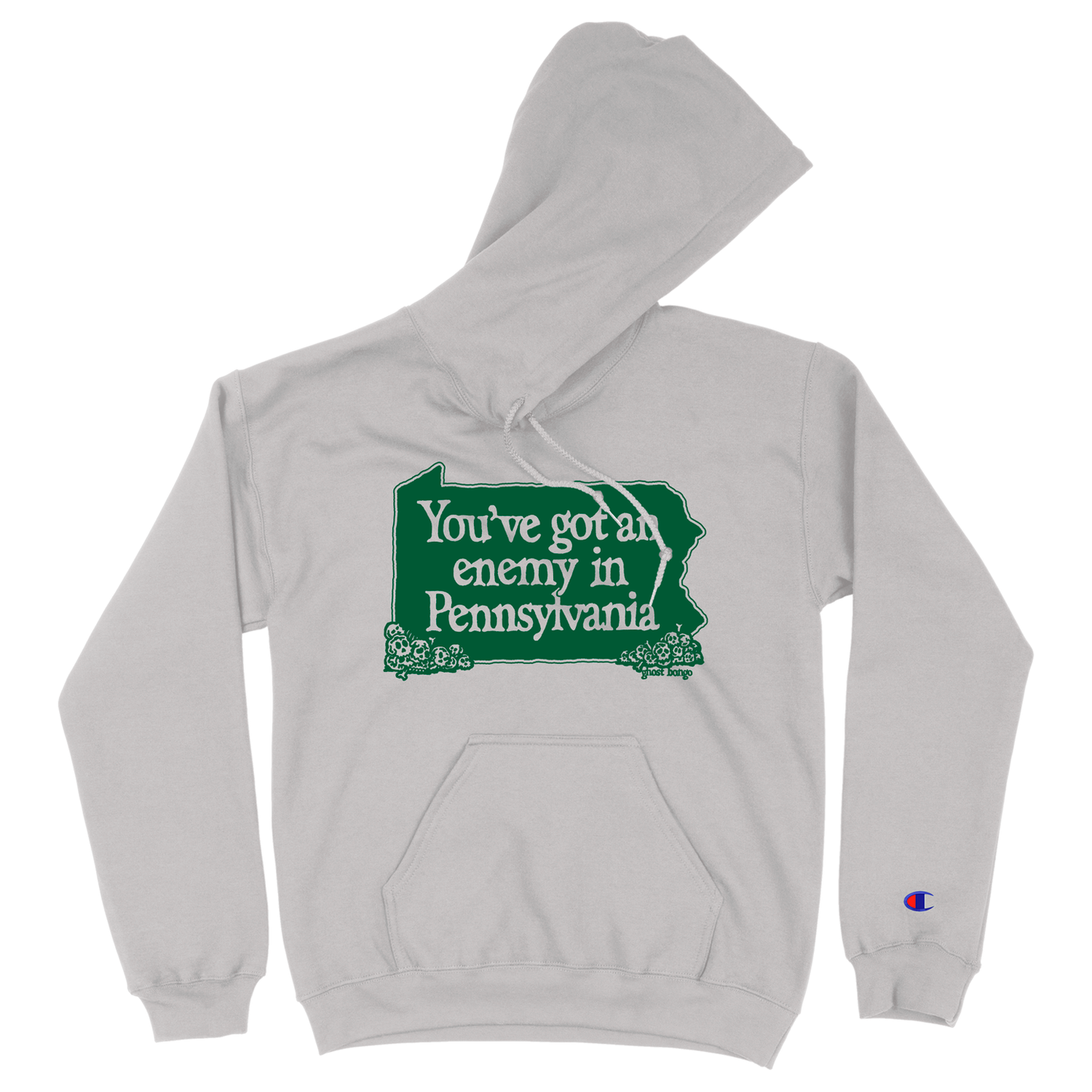 Gray hoodie with green graphic and text 'You've got an enemy in Pennsylvania' on a white background