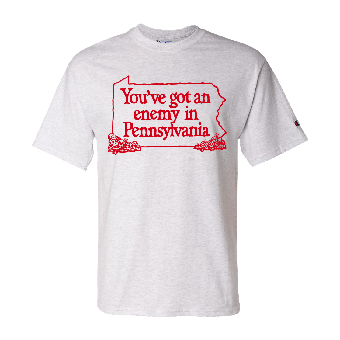 Grey t-shirt with red text 'You've got an enemy in Pennsylvania' on a transparent background