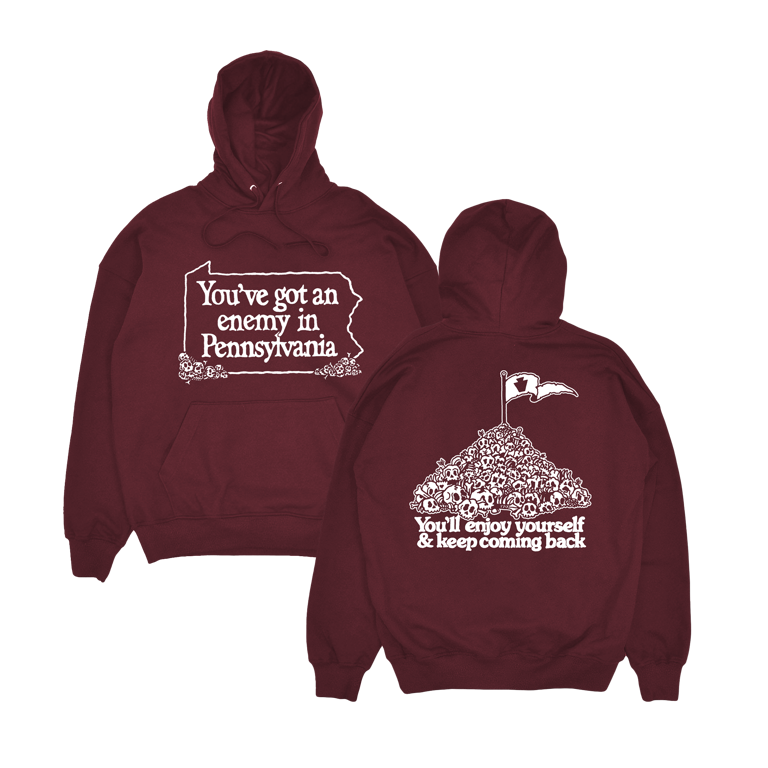Maroon hoodie with text 'You've got an enemy in Pennsylvania' and graphics on front and back