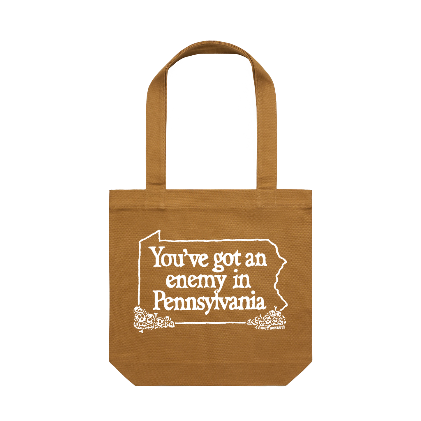 Brown tote bag with white text "you've got an enemy in Pennsylvania" and design