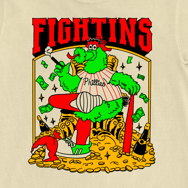 T-shirt with a colorful graphic and the word 'FIGHTINS' at the top.