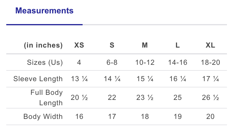 Measurement chart for clothing sizes in inches with sleeve length, full body length, and body width.
