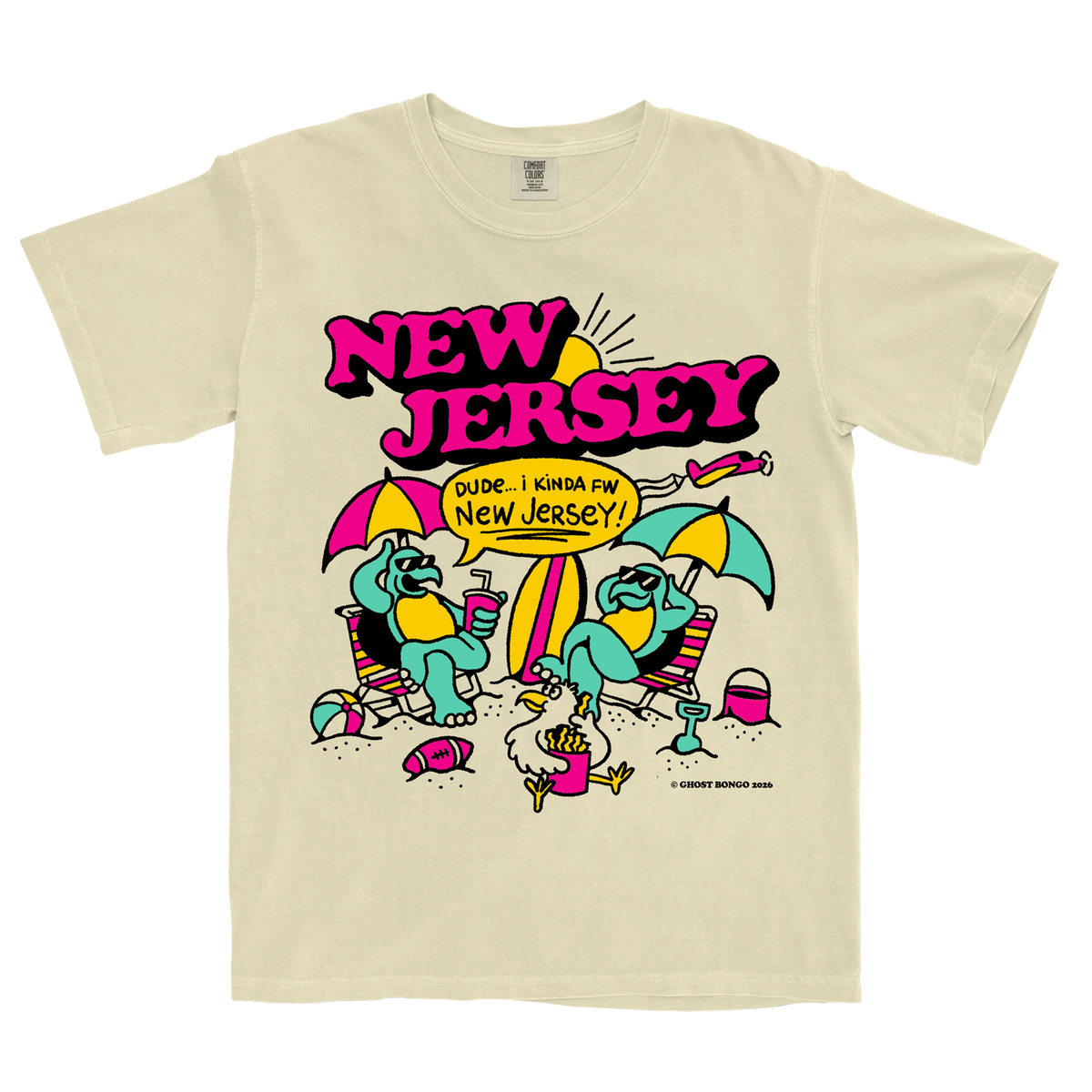 Beige t-shirt with colorful 'New Jersey' graphic design featuring cartoon characters and text.