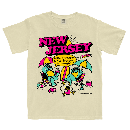 Beige t-shirt with colorful 'New Jersey' graphic design featuring cartoon characters and text.