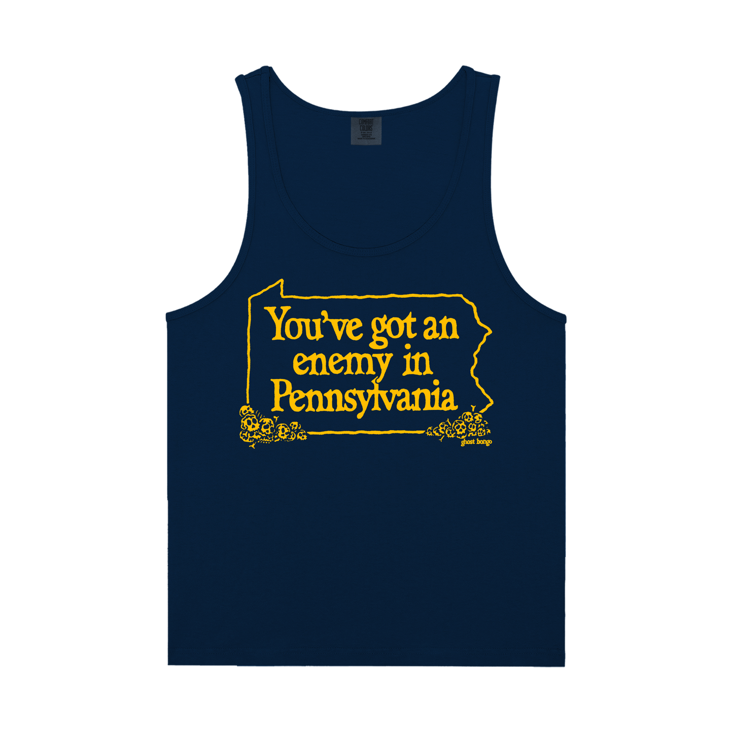 Navy tank top with yellow text 'You've got an enemy in Pennsylvania' and state outline