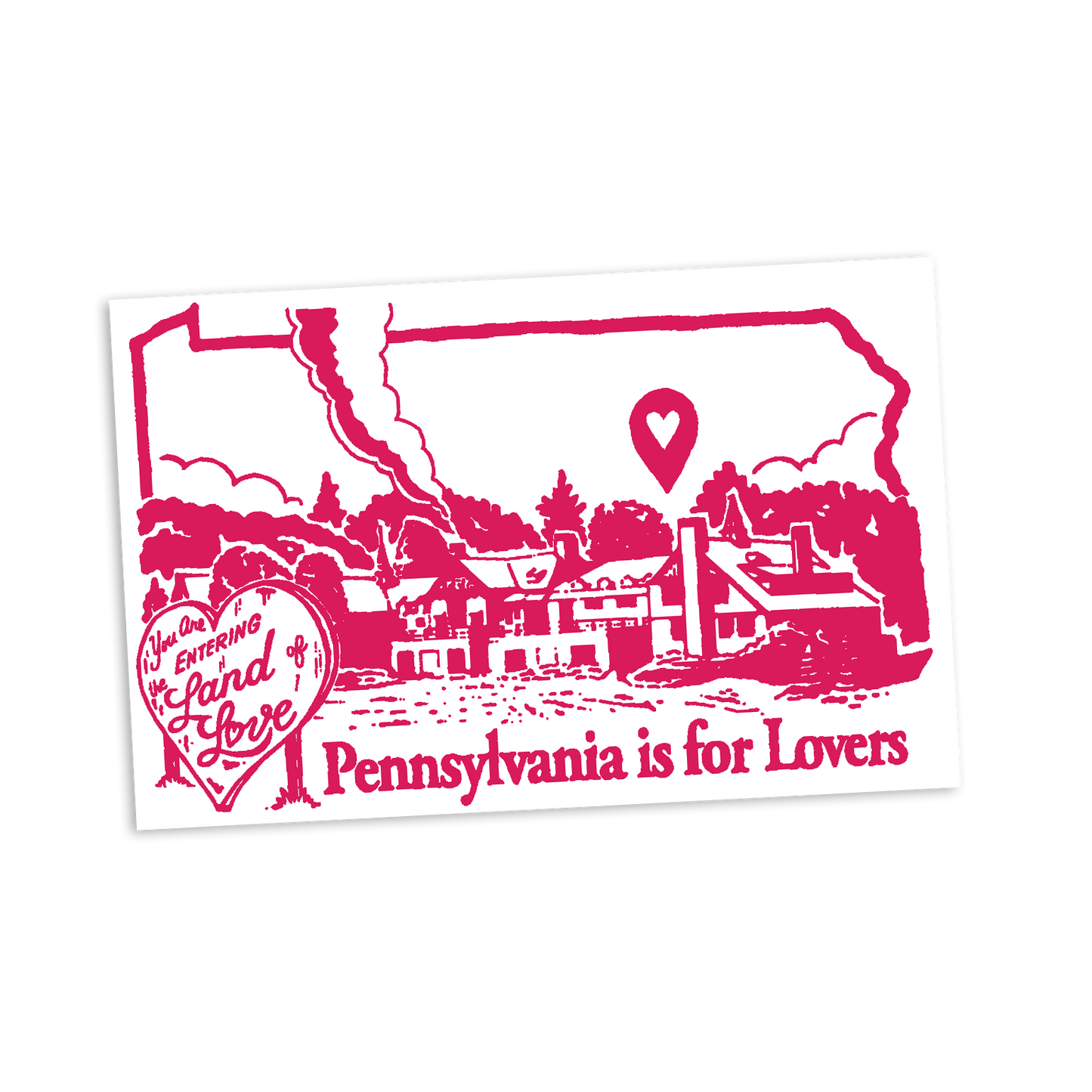Pink outline of Pennsylvania with scenic illustration and text 'Pennsylvania is for Lovers' on a white background