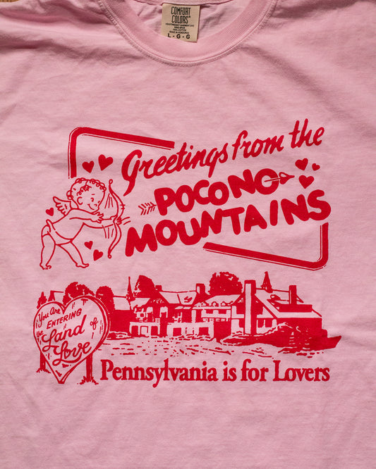 Pink t-shirt with red graphic and text about the Pocono Mountains and Pennsylvania.