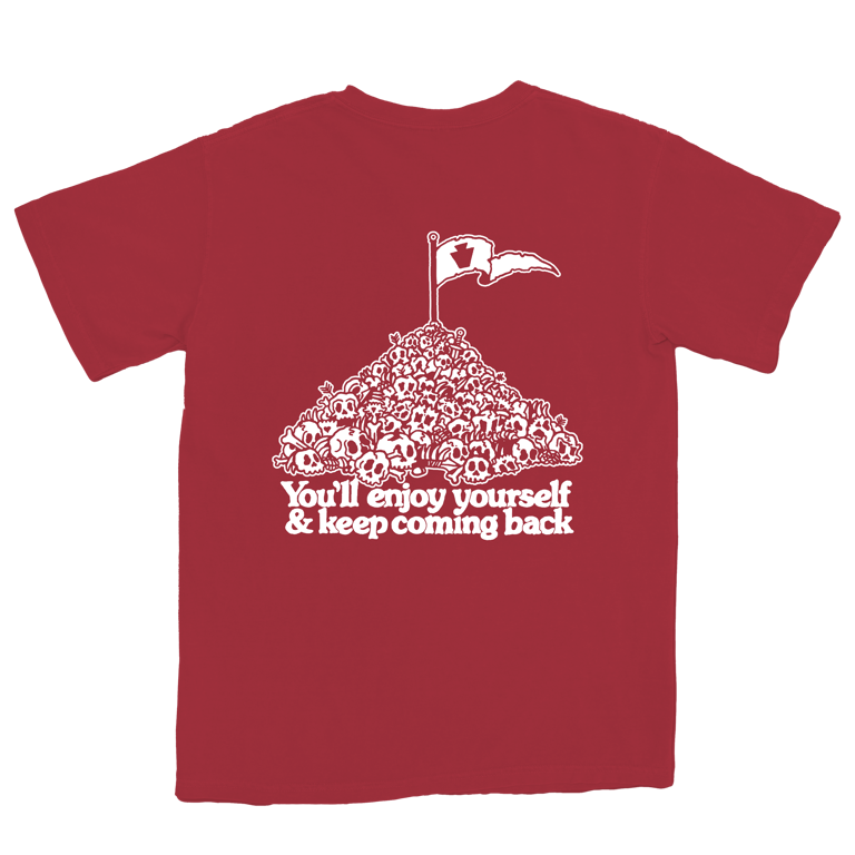 Red t-shirt with white graphic and text on a white background