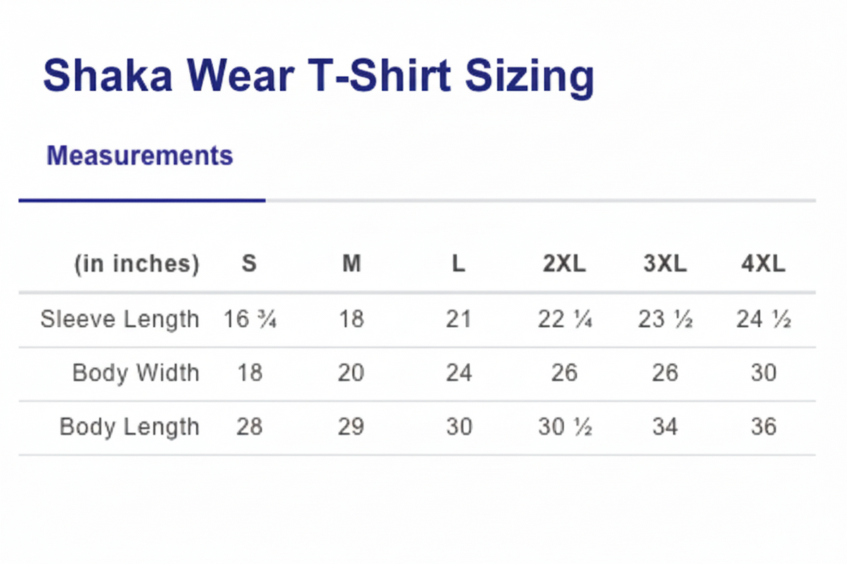 Measurement chart for sleeve length, body width, and body length in inches.