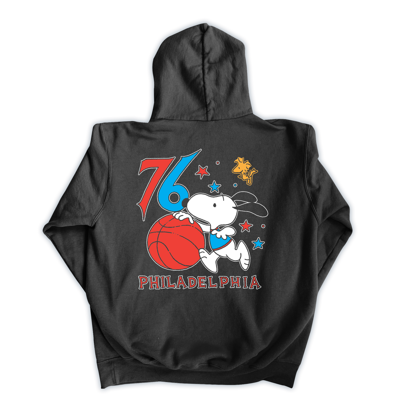 Black hoodie with a graphic of Snoopy holding a basketball and the number 76 on a white background