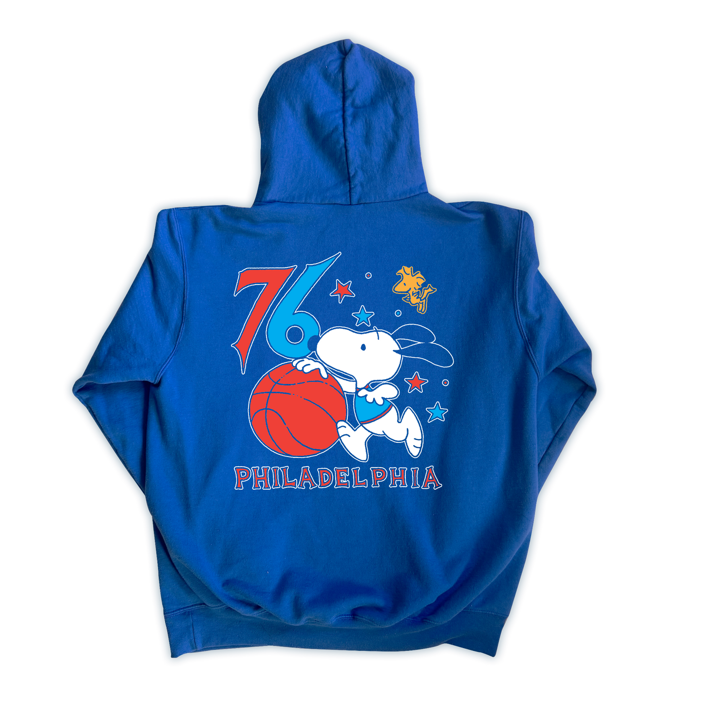 Blue hoodie with a sports-themed design on the back
