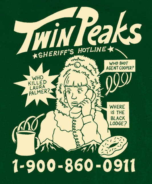 Twin Peaks-themed graphic with character on phone, questions, and hotline number on green background