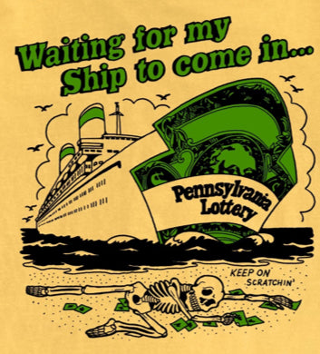 Yellow t-shirt with a graphic design of a ship and text on a yellow background