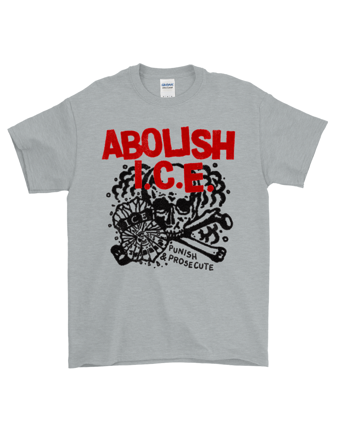 Gray t-shirt with red and black graphic design on a white background