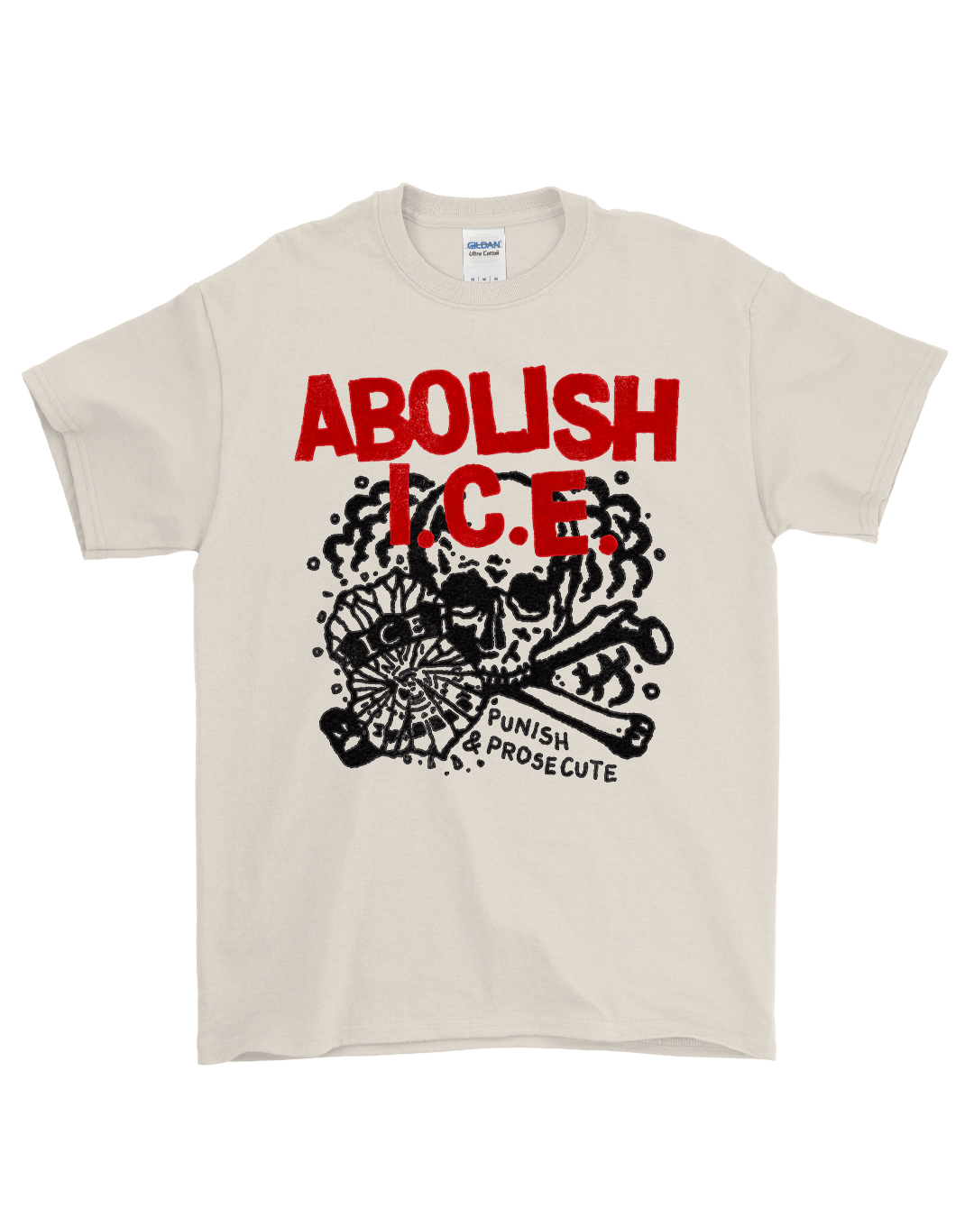 Beige t-shirt with red and black graphic design on a white background