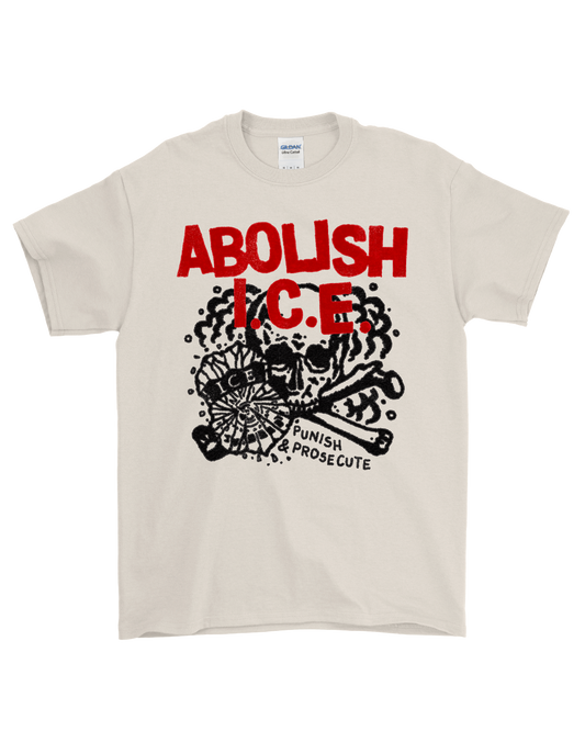 Beige t-shirt with red and black graphic design on a white background