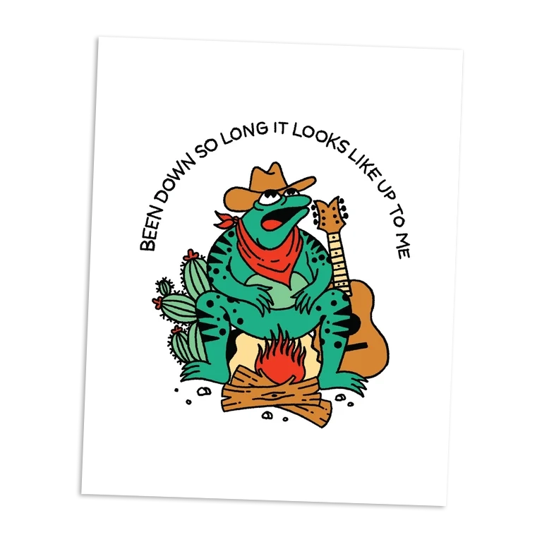 Cartoon frog in a cowboy hat playing guitar by a campfire with text on a white background