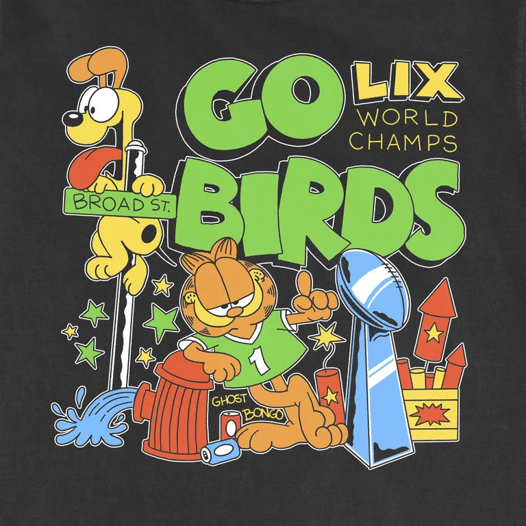 T-shirt design with cartoon characters and text on a black background