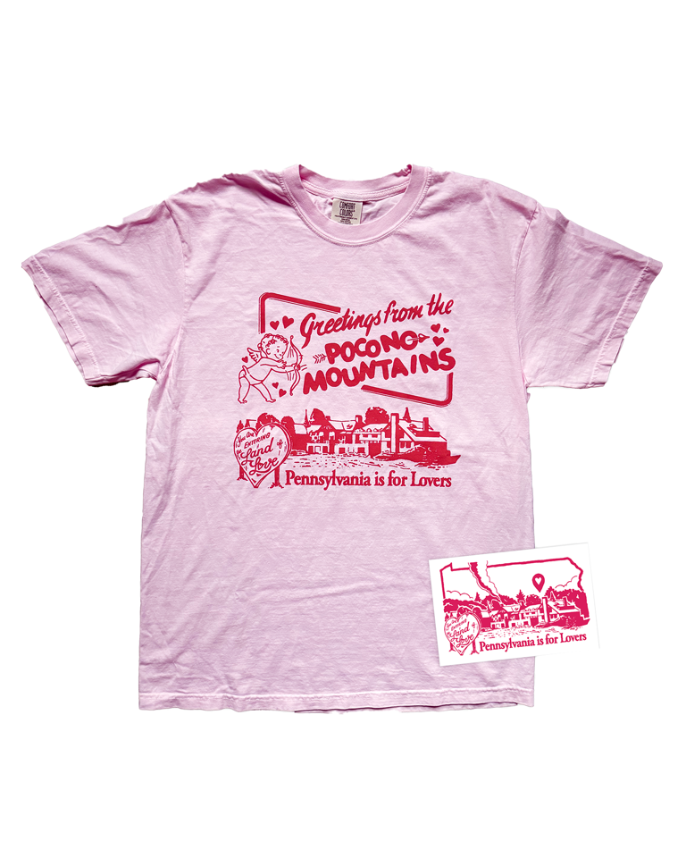 Pink t-shirt with red graphic design on a white background