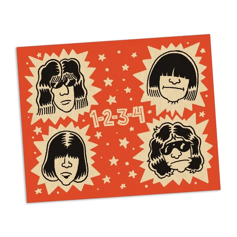 Print with four stylized faces on a red background with star patterns