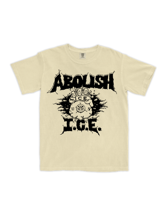 Beige t-shirt with black graphic design and text on a white background