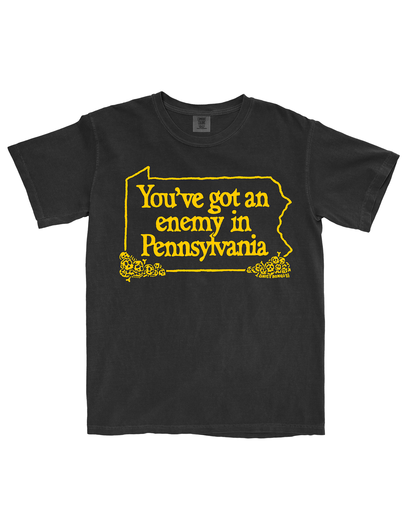 Black t-shirt with yellow text 'You've got an enemy in Pennsylvania' and Pennsylvania outline