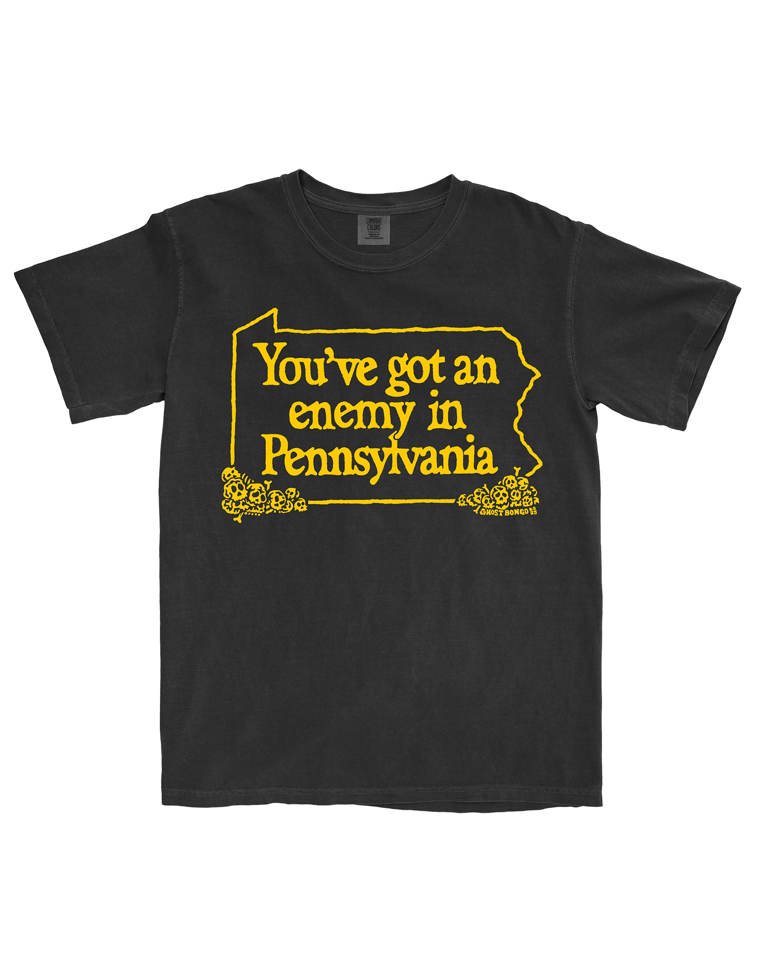 Black t-shirt with yellow text 'You've got an enemy in Pennsylvania' and Pennsylvania outline