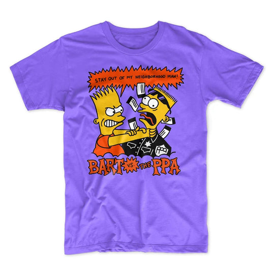 Purple t-shirt with cartoon characters and text on a white background