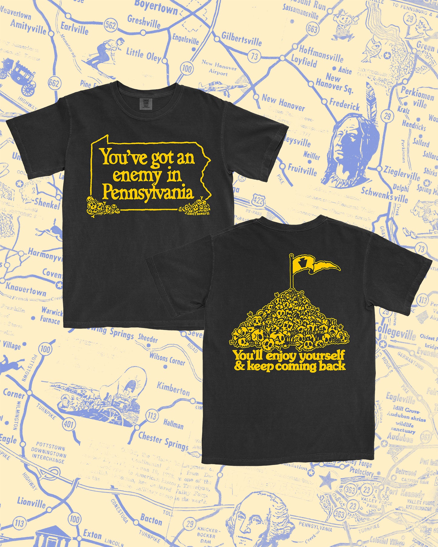Two black t-shirts with yellow text 'You've got an Enemy in Pennsylvania' on a map background
