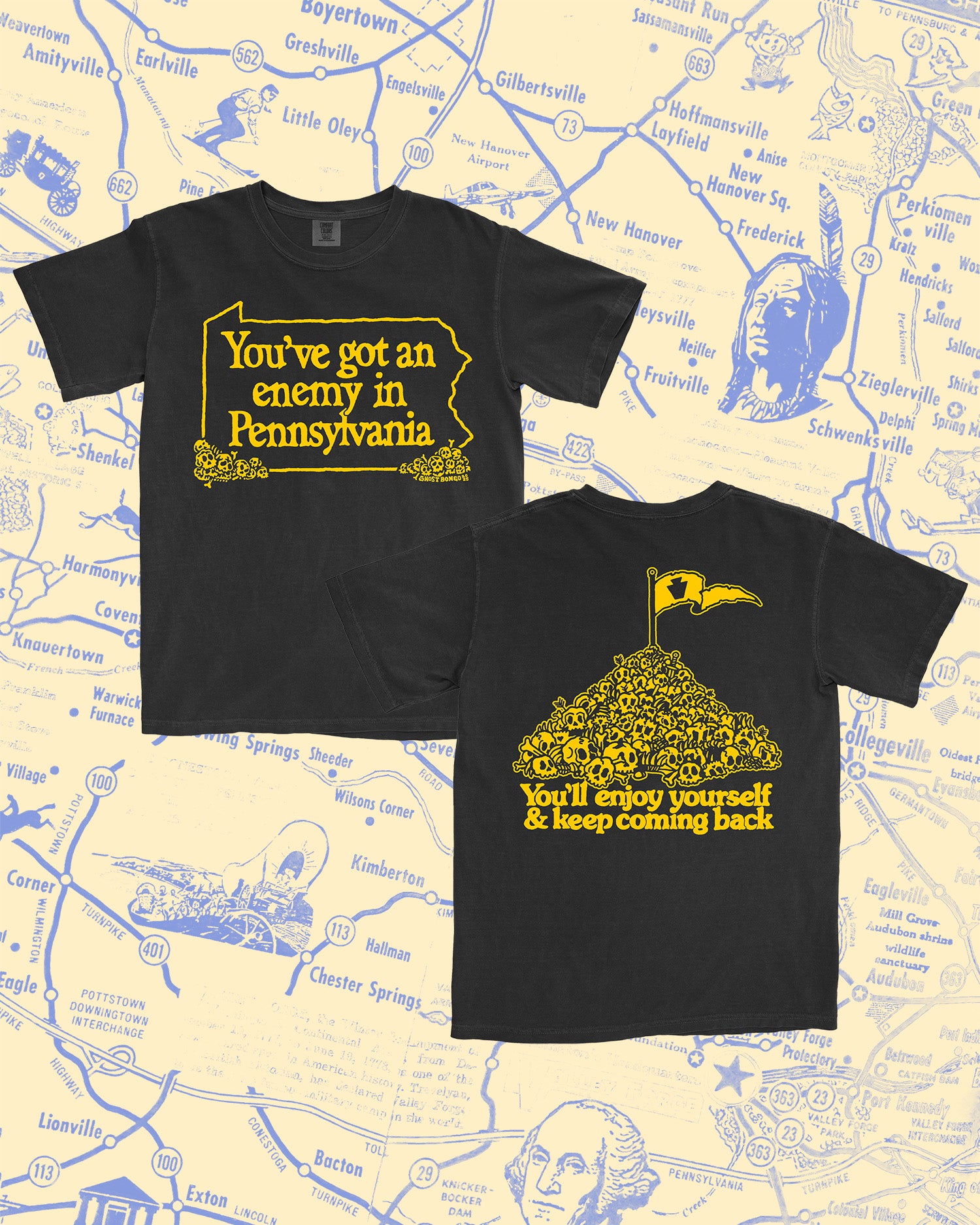 Two black t-shirts with yellow text 'You've got an Enemy in Pennsylvania' on a map background