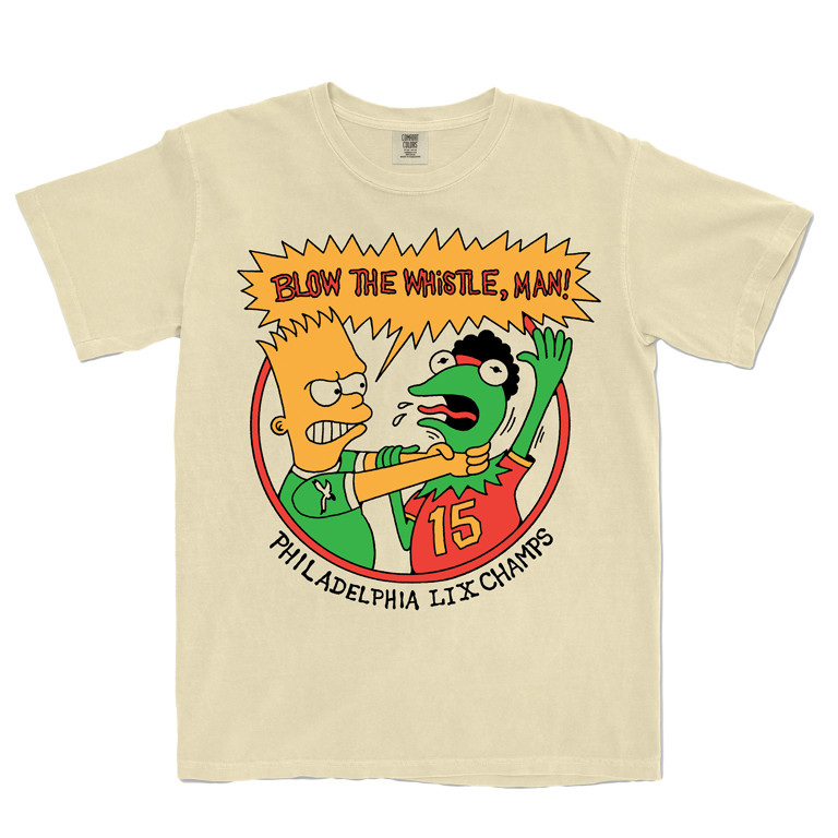 Beige t-shirt with cartoon characters and text on a white background