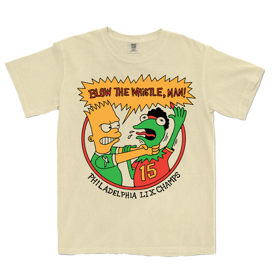 Beige t-shirt with cartoon characters and text on a white background