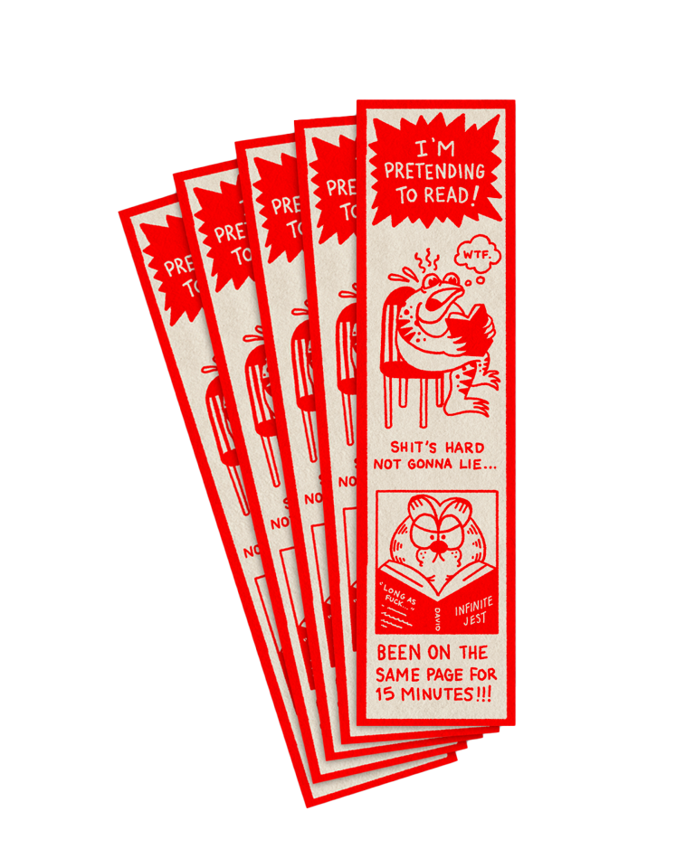 Stack of red and white bookmarks with humorous text and graphics on a white background