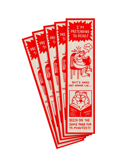 Stack of red and white bookmarks with humorous text and graphics on a white background