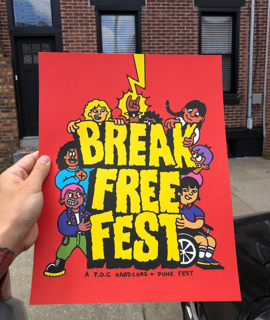 Promotional poster for 'Break Free Fest' held by a person outdoors.
